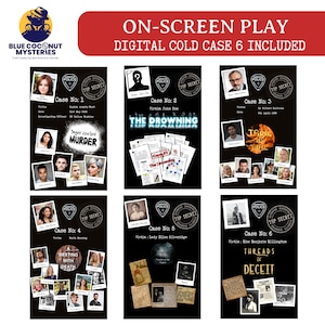 May include: A digital cold case game collection featuring six distinct mystery files. Each black-themed case file includes a police badge logo, Top Secret stamps, victim photographs, and case titles such as Sugar Coated Murder and Threads of Deceit.