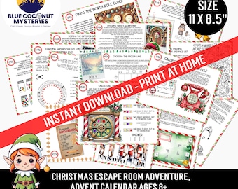 May include: A printable Christmas escape room adventure game set for ages 8 and up, featuring multiple activity sheets with puzzles, riddles, and illustrations of elves, a red rotary phone, and a vault door, measuring 27.9 by 21.6 cm per page.