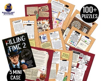 Puede incluir: Un juego de misterio titulado Killing Time 2 que incluye la portada de un libro con un detective sosteniendo una lupa, rodeado de varios archivos de casos, tableros de corcho con documentos, pistas, códigos y 100+ Puzzles.