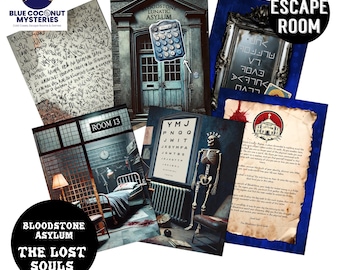 May include: A collection of game cards and documents for the Bloodstone Asylum escape room kit. Items include a wall of handwritten notes, a building entrance, a mirror with symbols, a hospital room, a skeleton with an eye chart, and a letter.
