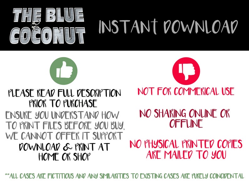 May include: Image with text: "THE BLUE COCONUT INSTANT DOWNLOAD." Additional text includes "PLEASE READ FULL DESCRIPTION PRIOR TO PURCHASE" and "NOT FOR COMMERCIAL USE." Other text advises on printing and usage restrictions. A thumbs-up and thumbs-down icon are also present.