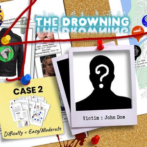 Peut inclure: Un tableau en liège avec une ficelle rouge et des punaises tenant en place divers papiers. Les papiers comprennent une carte, une photo d'un homme, une photo d'une silhouette d'une personne avec un point d'interrogation au-dessus de sa tête, et une note jaune avec le texte "CASE 2" et "Difficulté = Facile/Modérée".