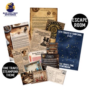 May include: A collection of printed game materials featuring a steampunk theme, including vintage-style newspapers, a periodic table, a star chart titled Lets Create a Temporal Fold, a postcard, and various documents with gears and scientific imagery.