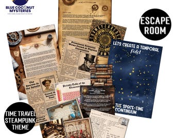 May include: A collection of printed game materials featuring a steampunk theme, including vintage-style newspapers, a periodic table, a star chart titled Lets Create a Temporal Fold, a postcard, and various documents with gears and scientific imagery.