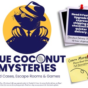 K&ouml;nnte beinhalten: Logo von Blue Coconut Mysteries mit einer Cartoon-Maulwurf, der einen Fedora und eine Brille tr&auml;gt, mit dem Text "Blue Coconut Mysteries" und "Cold Cases, Escape Rooms & Games".