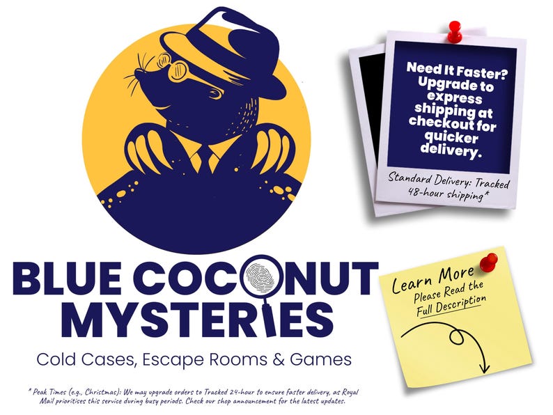 K&ouml;nnte beinhalten: Logo von Blue Coconut Mysteries mit einer Cartoon-Maulwurf, der einen Fedora und eine Brille tr&auml;gt, mit dem Text "Blue Coconut Mysteries" und "Cold Cases, Escape Rooms & Games".