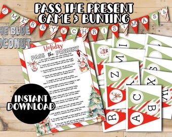 christmas Pass the Present Game matching bunting | Instant Download game | Family Fun holiday Printable for Adults Kids Group Pass the Gift