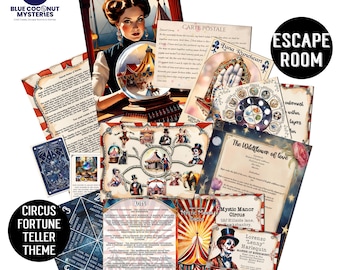 May include: A collection of printed game materials for a circus-themed escape room, featuring a fortune teller illustration, a crystal ball, a zodiac chart, character cards, and instructional documents with text including The Wildflower of love.