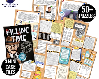 May include: A crime-themed puzzle book titled Killing Time with 3 mini case files and 50+ puzzles. The collection includes various documents, suspect profiles, fingerprint charts, floor plans, and logic games pinned to a cork board background.