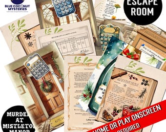 Op de afbeelding: Een verzameling geprinte spelmaterialen voor een moordmysterie escape room genaamd Murder at Mistletoe Manor. De set bevat geïllustreerde documenten, een recept voor Frostbite Delight, een toetsenbordafbeelding en een plattegrond.