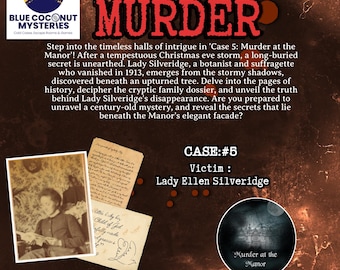 Może przedstawiać: Gra zatytułowana Murder at the Manor Case 5 zawierająca zdjęcie w odcieniu sepii przedstawiające Lady Ellen Silveridge, odręcznie pisane listy oraz okrągłą grafikę mrocznej posiadłości. Tekst opisuje zagadkę zniknięcia z 1913 roku.
