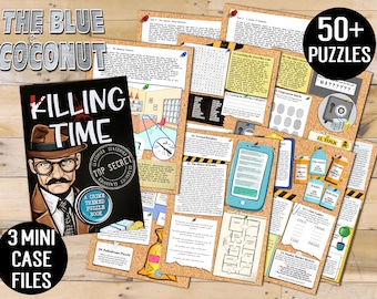 Killing Time a crime theme puzzle book, Cold case detective games, Murder mystery, date or family games night, play online, riddles maths