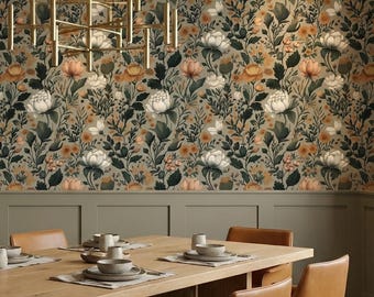 May include: A dining room featuring floral wallpaper with white and orange flowers on a dark background, a rectangular wooden table with place settings, and six tan leather chairs arranged around the table under a gold metal chandelier.