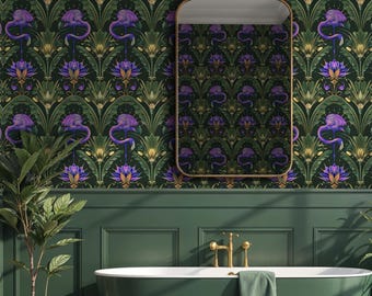 May include: A bathroom featuring a freestanding dark green bathtub with a gold faucet and a green towel draped over the side. The wall is covered in wallpaper with a repeating pattern of purple flamingos and lotus flowers on a dark background.