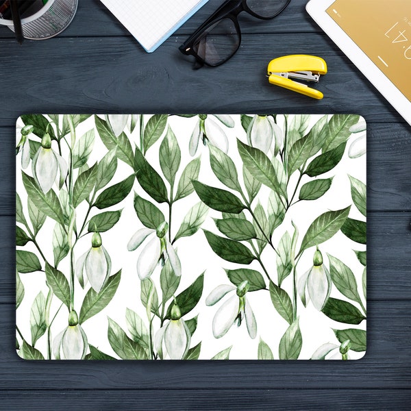 Floral Laptop Skin Watercolor Pattern Leaves and Snowdrops Flowers Vinyl Decal Sticker Dell Inspiron Hp Lenovo Asus Chromebook Acer sq186
