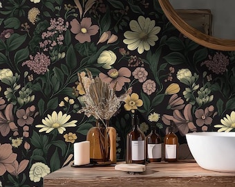 Dark Floral Wallpaper: Moody Botanical Pattern for Bathroom, Powder Room - BM48