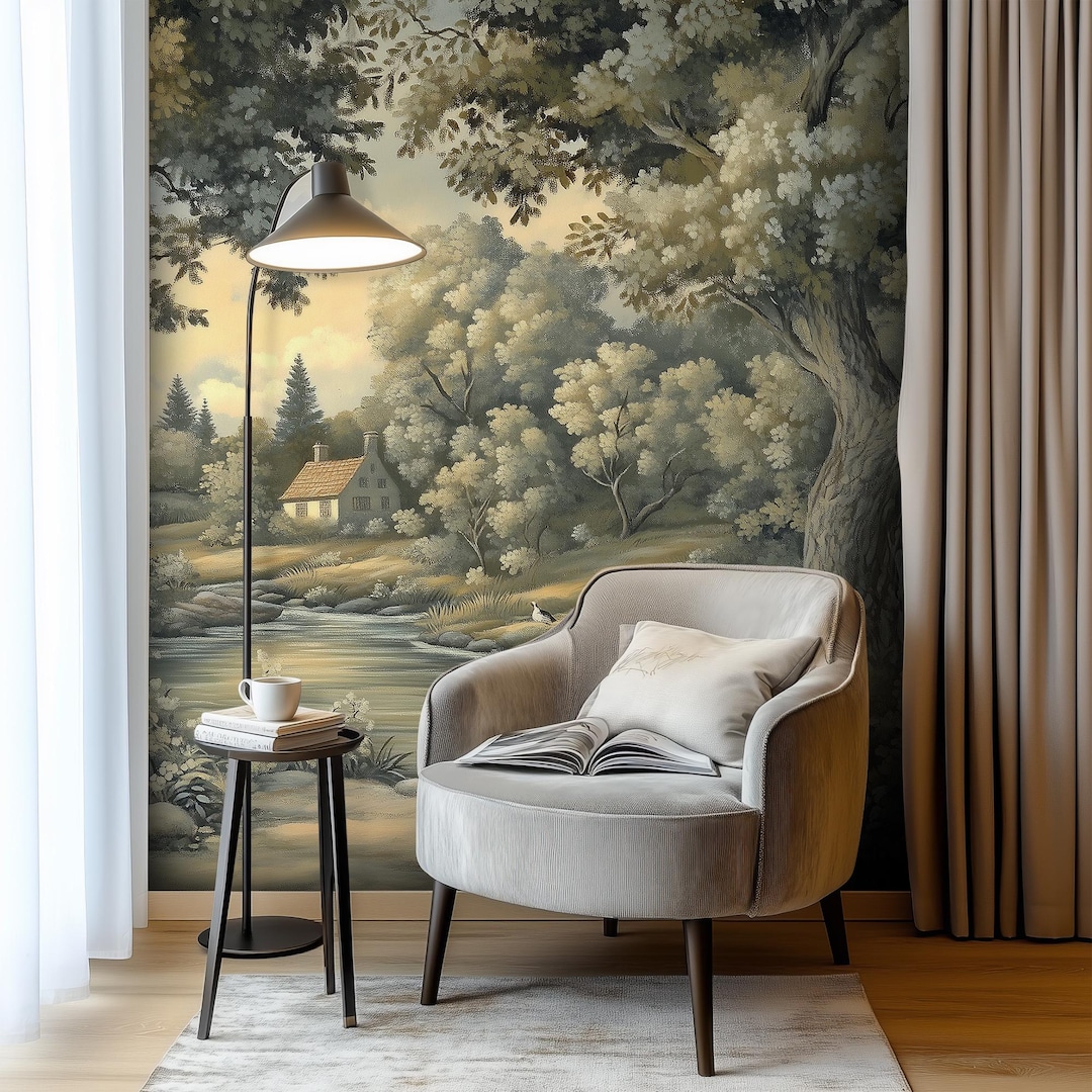 Misty Lakeside Landscape Wallpaper: Vintage Scenic Wall Mural for ...