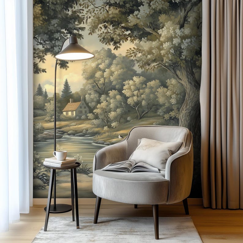 Misty Lakeside Landscape Wallpaper: Vintage Scenic Wall Mural for ...