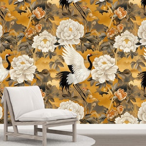 Yellow Heron Wallpaper Vintage Chinoiserie Wall Art Crane Birds Wall Mural Crane Bird Wallpaper BC04