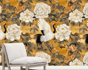 Crane Bird Wallpaper: Yellow Chinoiserie Wall Mural