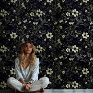 Moody Dark Wildflowers Peel and Stick Wallpaper, Secret Garden Mural, Maximalist Accent Wall Art DF03