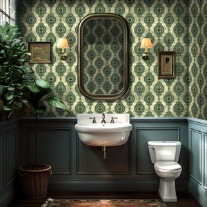 William Morris Green Peel and Stick Cottage Wallpaper, Vintage Farmhouse Bathroom Decor VN13