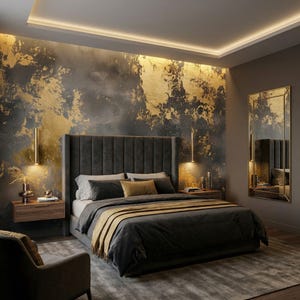 Dark Venetian Plaster Wallpaper Mural: Removable Gold Accent Peel and Stick - VS82