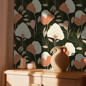 Sage Green Floral Wall Mural: Boho Botanical Peel and Stick Wallpaper