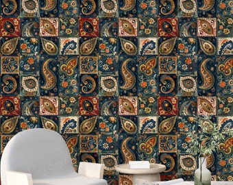 Papier peint patchwork motif cachemire rétro sombre papier peint Art déco vintage, décoration murale botanique tendance BR16