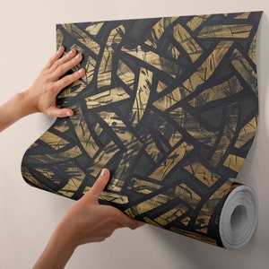 Colorful Removable Wallpaper, Black and Gold Peel and Stick Mural, Abstract Art Wall Mural, Black Vinyl Wallpaper BG01