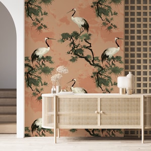 Sage Pink Chinoiserie Crane Wallpaper Mural, Vintage Asian Peel and Stick Nature Wallpaper TG04