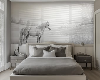 Monochrome Horse Wallpaper Mural: Elegant Landscape Wall Art for Modern Bedrooms - WH10