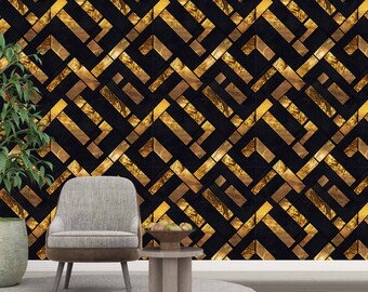 Schwarz und Gold Peel Stick Wallpaper Abstraktes Modernes Wandbild Dunkle Abnehmbare Tapete Trendiges Wandbild BG06