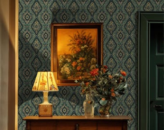 Bohemian Dark Green Baroque Wallpaper, William Morris Cottage Roll, Farmhouse Renter Friendly Decor VN25
