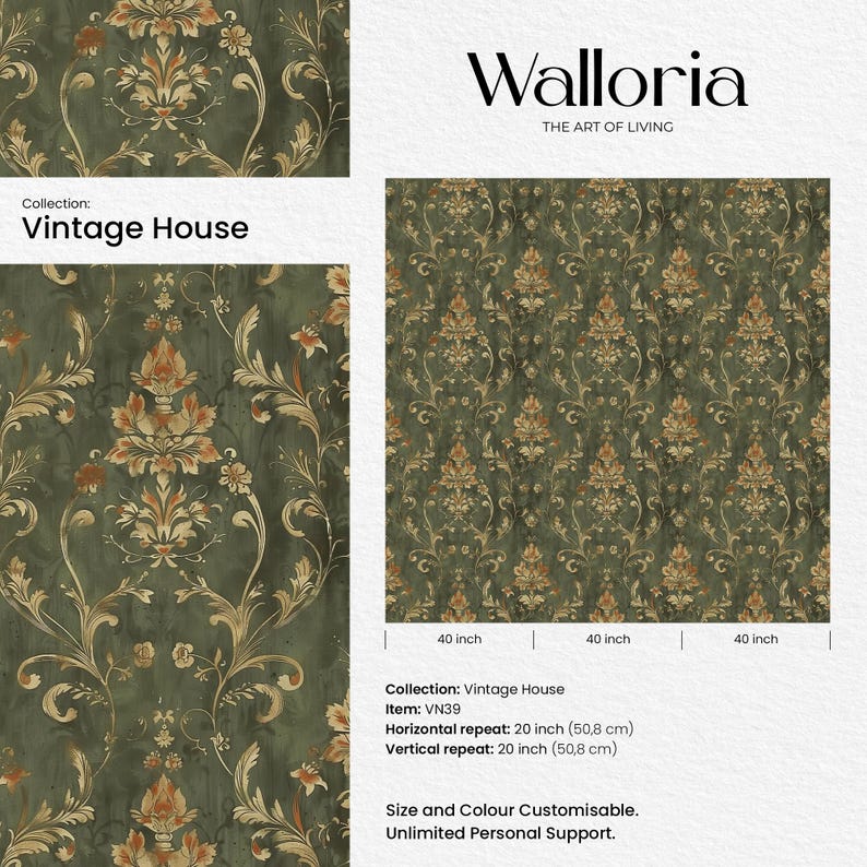 Enhance your home with our Vintage Dark Green Damask Removable Wallpaper. This wallpaper roll features an elegant bohemian damask pattern in rich dark green, ideal for adding a touch of vintage charm to any cottage or farmhouse decor.