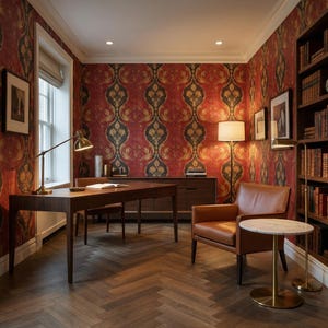 Rote Boho Damast entfernbare Tapete, Vintage Landhaus-Bauernhaus-Dekor, Renter-freundliche Vinylrolle VN33