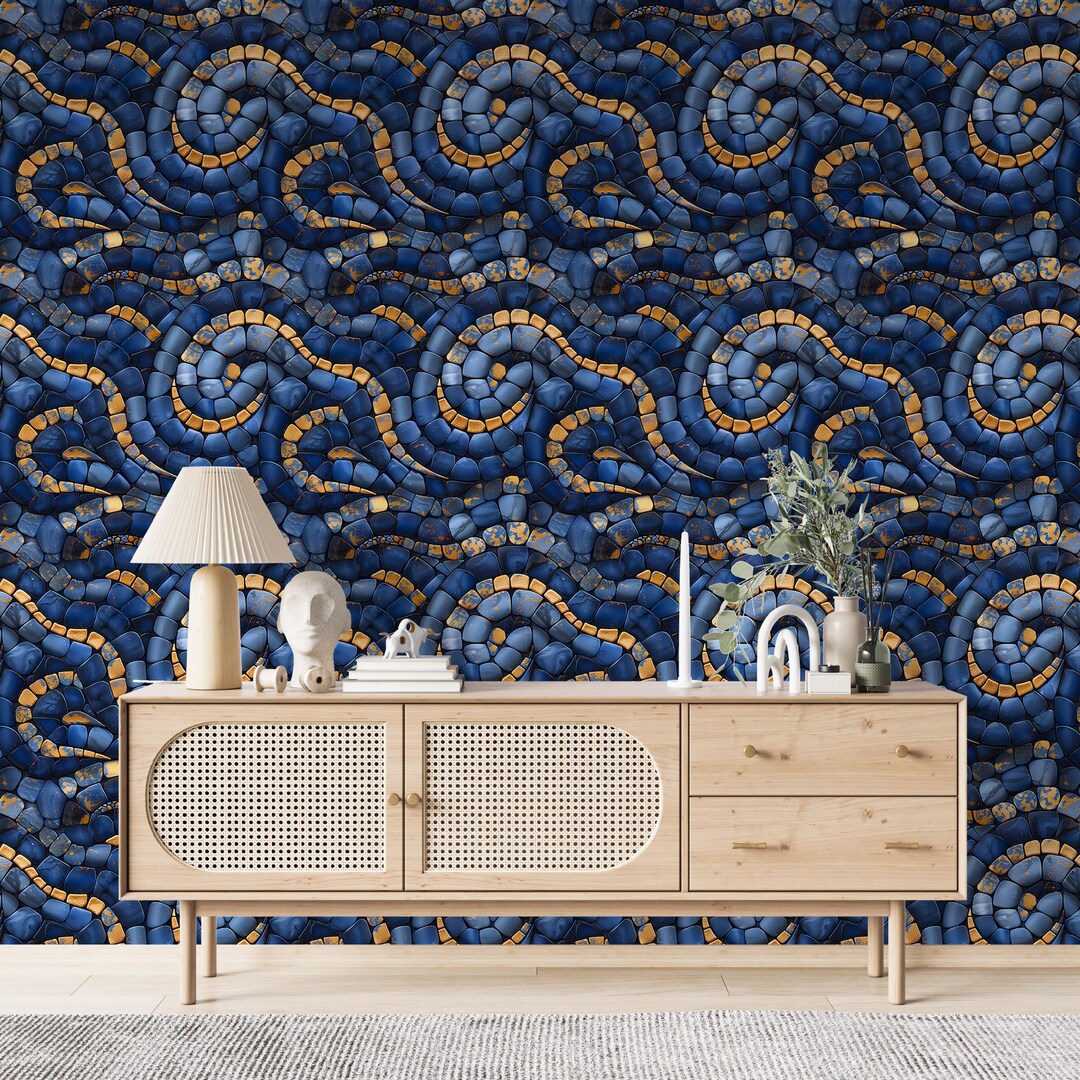 Blue Gold Mosaic Wallpaper: Geometric Peel and Stick Wall Mural for ...