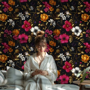 Moody Dark Wildflowers Peel and Stick Wallpaper, Secret Garden Mural, Maximalist Accent Wall Art DF10