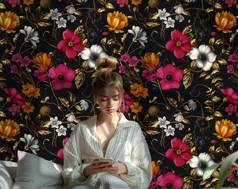 Papel pintado floral oscuro: Mural de pared de lujo con flores negras - DF10