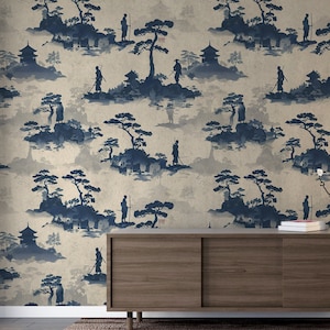 Blau Chinoiserie Samurai Wandbild, Vintage Asiatische Tapete zum Abziehen und Aufkleben SD11