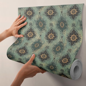Vintage Dark Green William Morris Wallpaper Roll, Bohemian Cottage Decor, Renter-Friendly Bathroom Wallpaper VN24