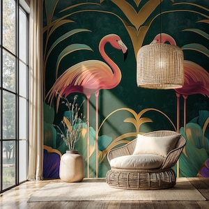Dunkle botanische Flamingo-Tapete, abnehmbares Art-Deco-Wandbild mit rosa Flamingos DB24