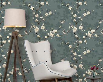 Chinoiserie Vogel Wallpaper Wandbild: Blaue & Weiße Blumen Schälen und Aufkleben
