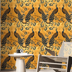 Papier peint mural floral, Chinoiseries, paon, oriental vintage, avec oiseaux TG01