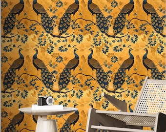 Vintage Gold Chinoiserie Peacock and Floral Wall Mural Oriental Wallpaper with Birds TG01