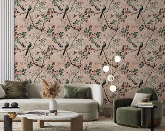 Chinoiserie Bird & Blossom Wallpaper: Elegant Vintage Wall Mural for Living Room Decor - TG09