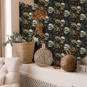 Green Gothic Floral Skull Mural, Dark Whimsical Wallpaper, Removable Farmhouse Vinyl Wall Art DS01