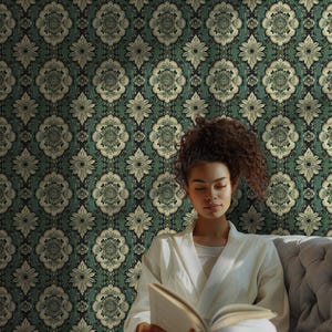 Vintage Dark Green Wallpaper Roll, William Morris Bohemian Design, Renter Friendly Cottage Decor VN29