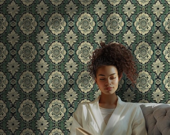 Vintage Dark Green Wallpaper Roll, William Morris Bohemian Design, Renter Friendly Cottage Decor VN29