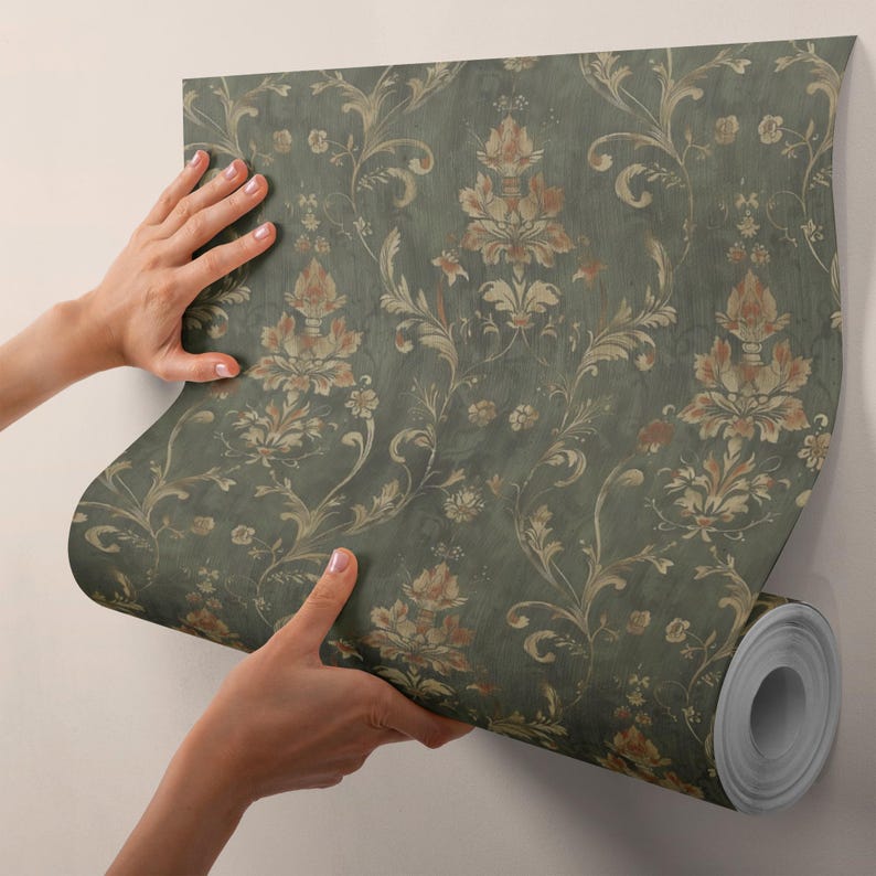 Enhance your home with our Vintage Dark Green Damask Removable Wallpaper. This wallpaper roll features an elegant bohemian damask pattern in rich dark green, ideal for adding a touch of vintage charm to any cottage or farmhouse decor.